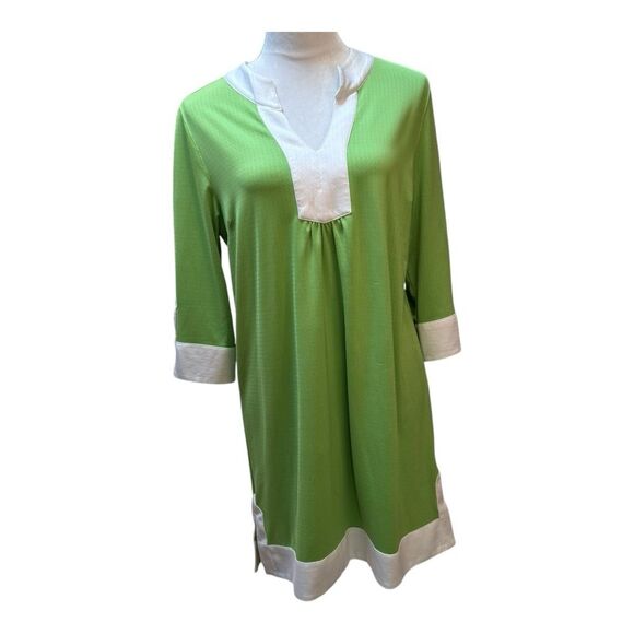 San Soleil Green White Trim Knit Casual Summer Shift UPF 50 Dress Size L - Picture 1 of 8